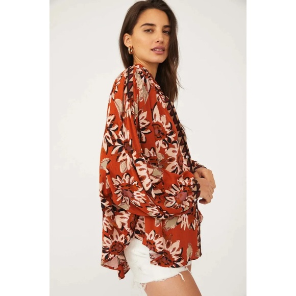 Free People Floral Blouse in Red and White - Picture 3 of 5
